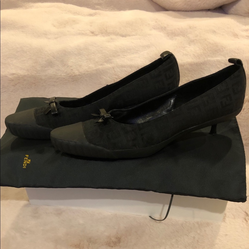 FENDI black logo fabric kitten heel with leather bow